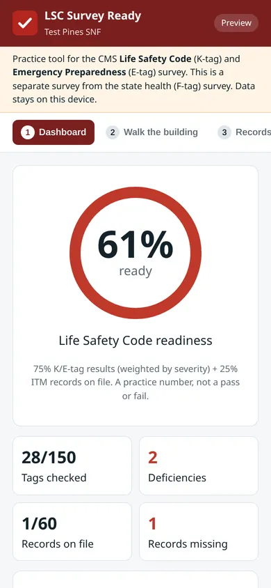 Life Safety Survey Readiness dashboard with readiness score