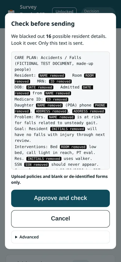 Check before sending screen showing resident details automatically blacked out