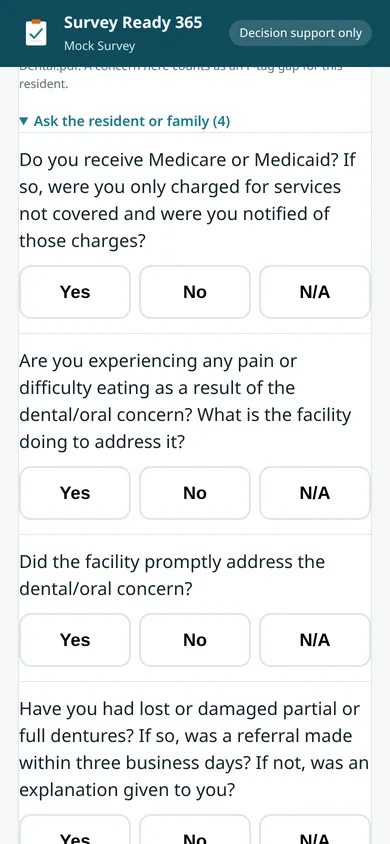 Mock survey interview questions with Yes, No and N/A answers